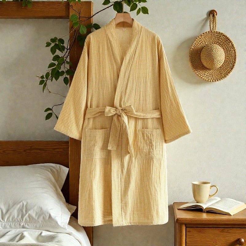 Peignoir femme coton à carreaux jaune