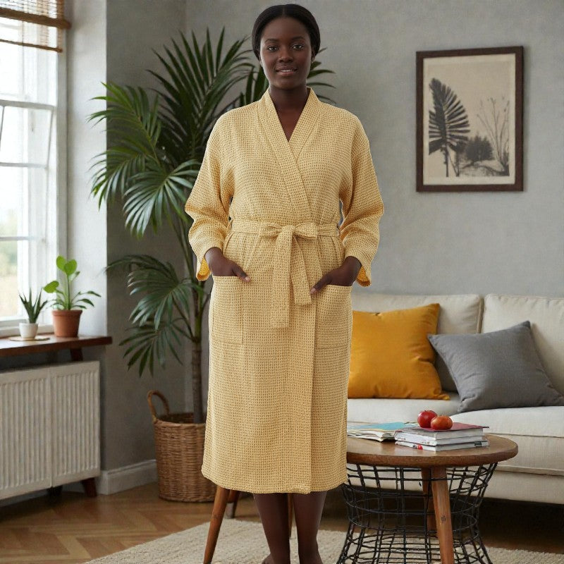 Peignoir femme coton à carreaux jaune