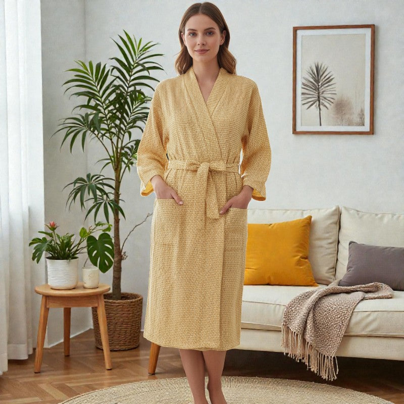 Peignoir femme coton à carreaux jaune