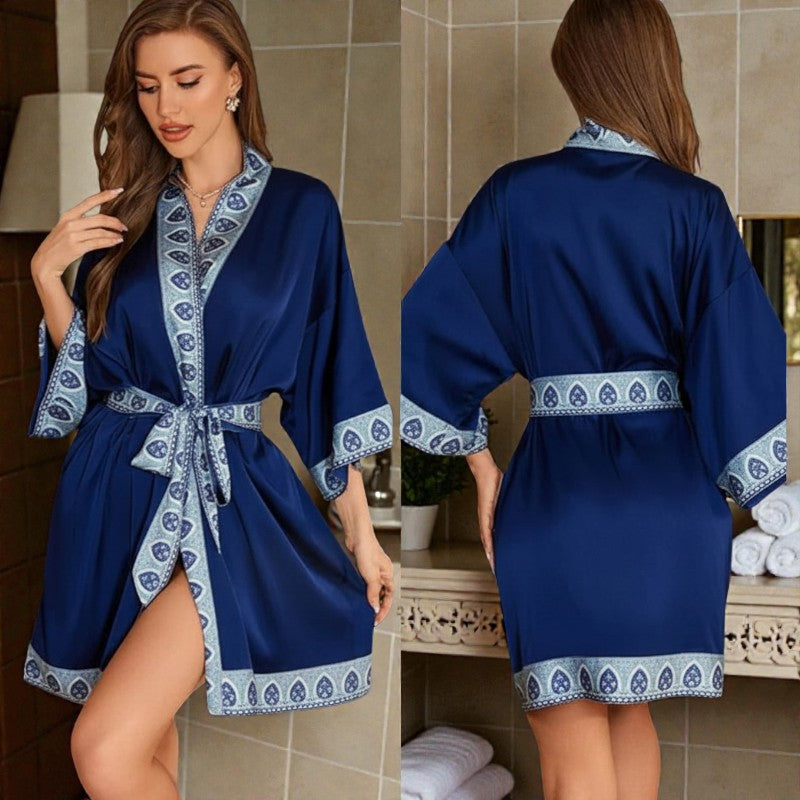 Peignoir femme satin bleu marine