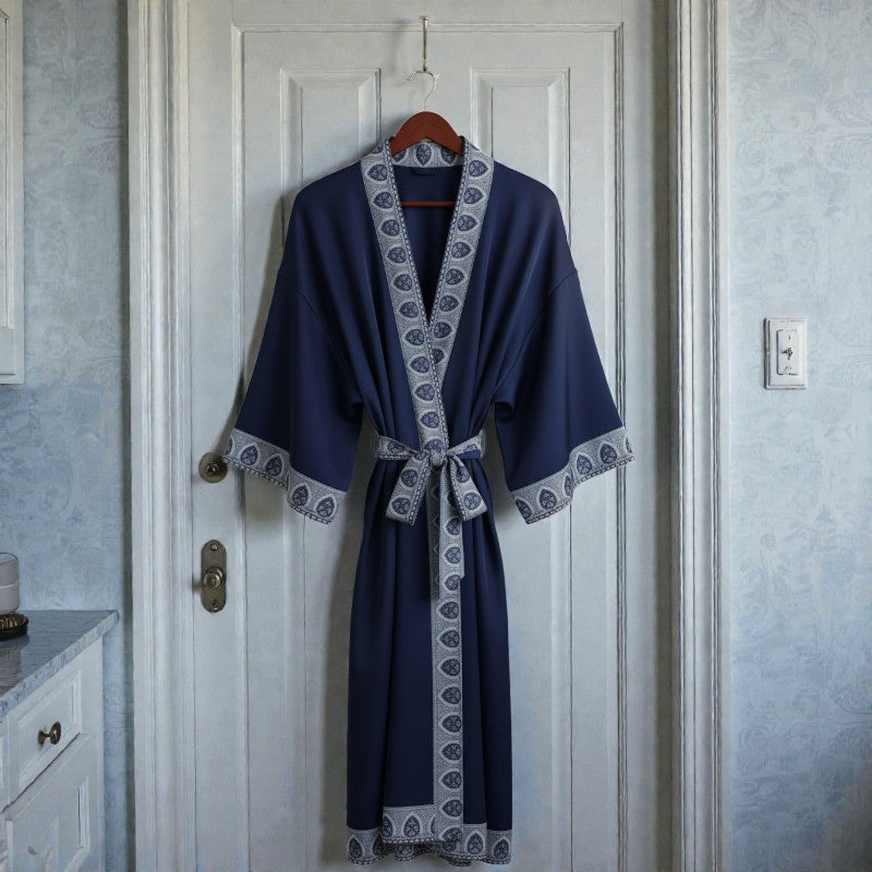 Peignoir femme satin bleu marine
