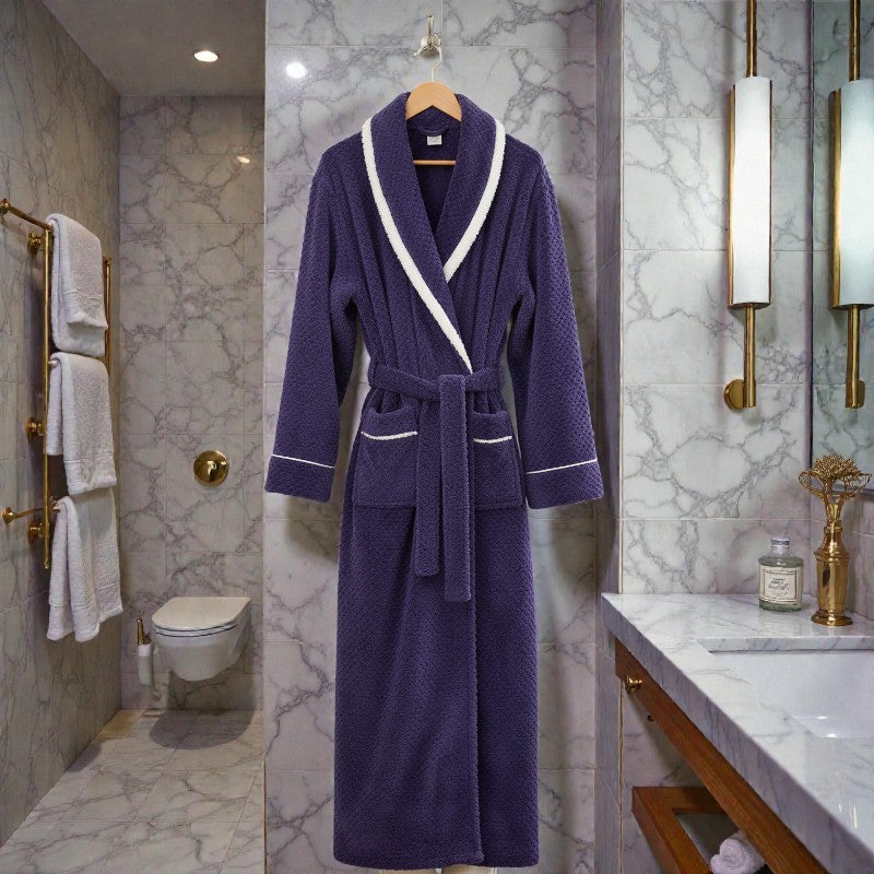 Peignoir femme polaire violet bordé de blanc