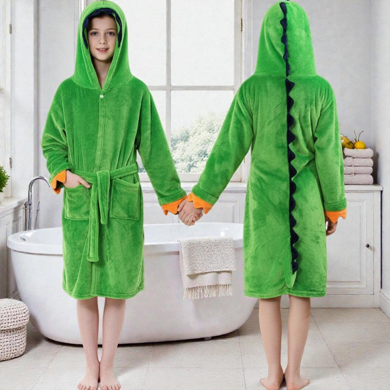 Peignoir enfant polaire à capuche dinosaure vert