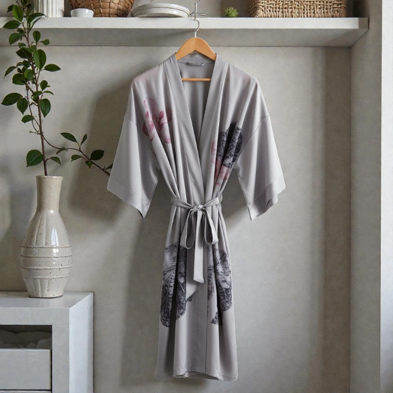 Peignoir femme satin gris imprimé