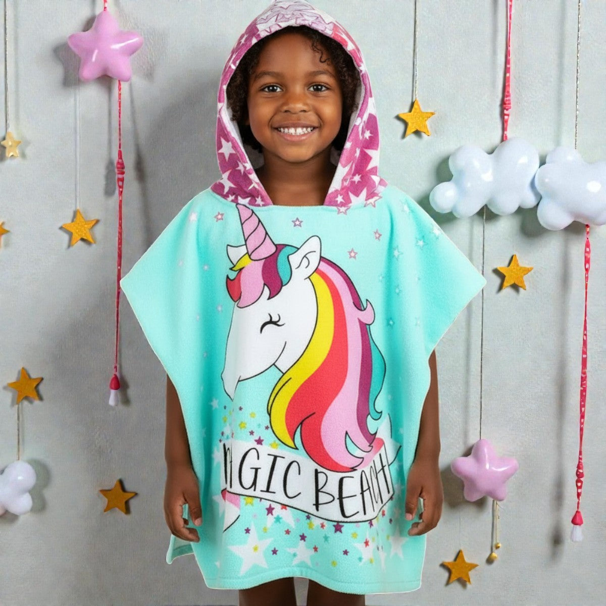 Cape de bain enfant licorne turquoise
