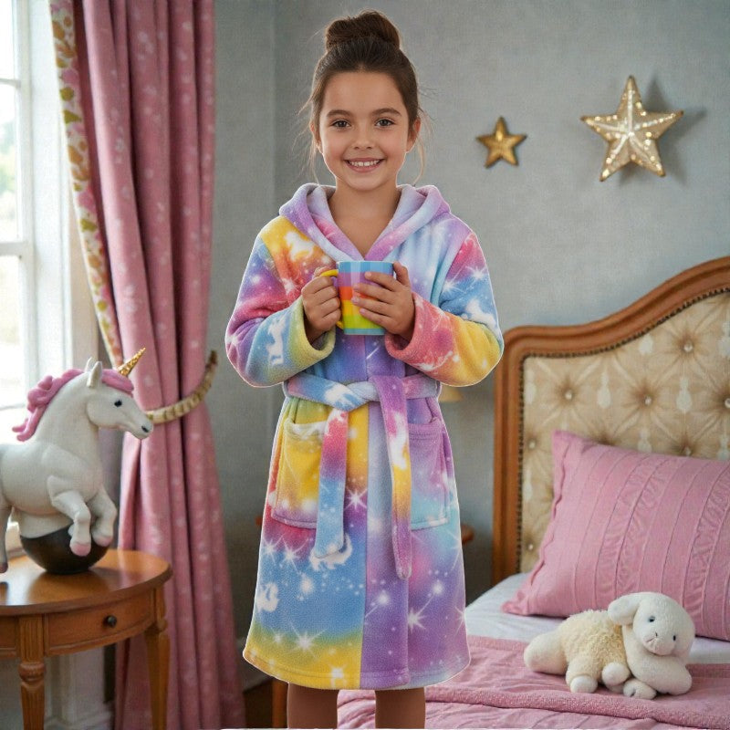Peignoir enfant polaire à capuche arc-en-ciel