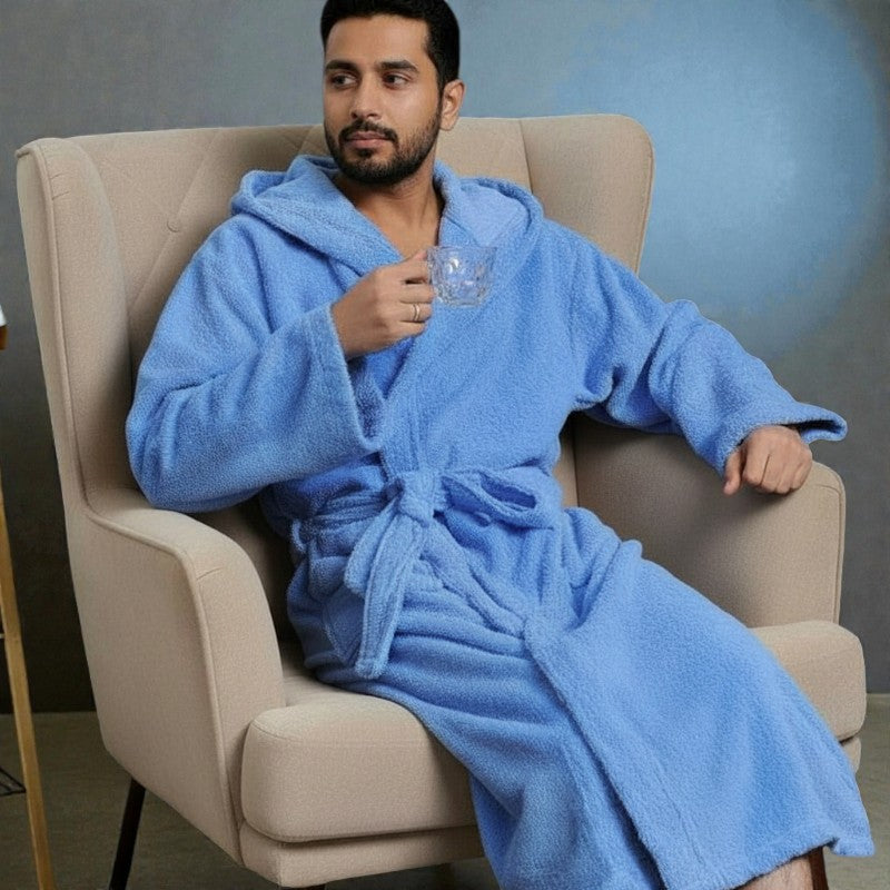 Peignoir homme éponge bleu à capuche