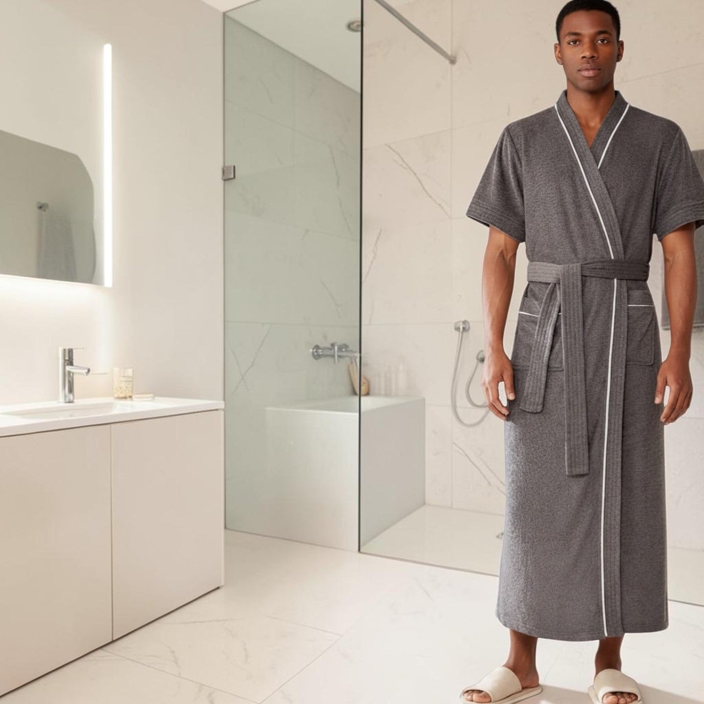 Peignoir | Homme Gris en Éponge Manches Courtes