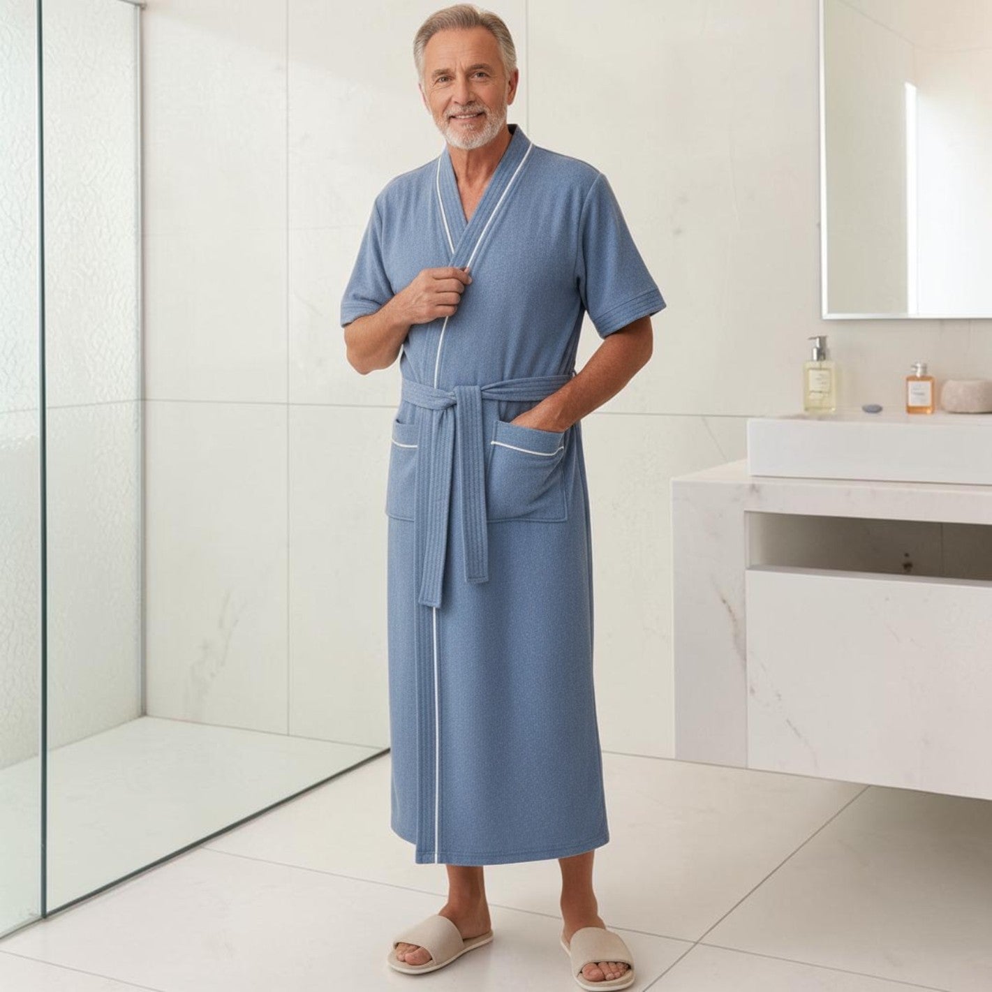 Peignoir Homme Éponge | Bleu en Manches Courtes