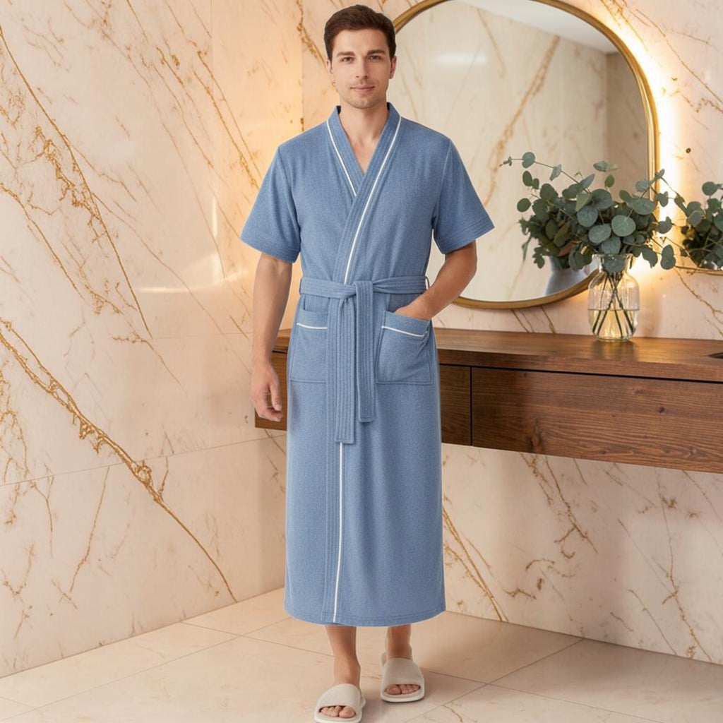 Peignoir Homme Éponge | Bleu en Manches Courtes