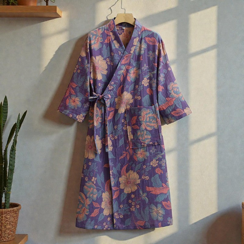 Peignoir femme coton floral violet