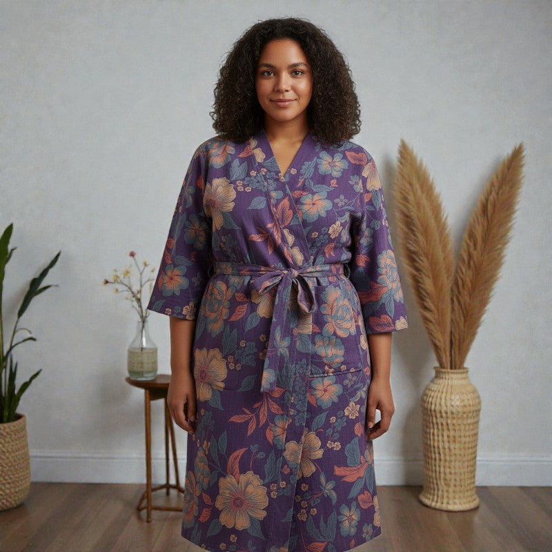 Peignoir femme coton floral violet