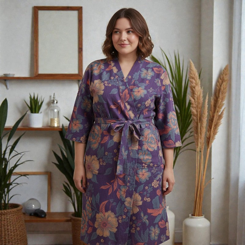 Peignoir femme coton floral violet