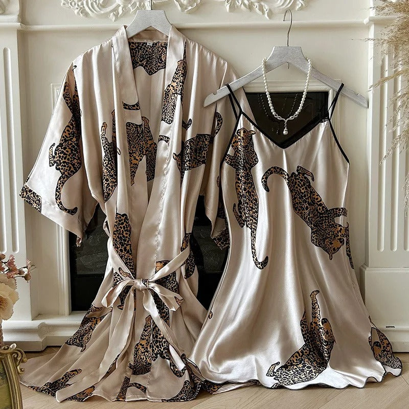 Peignoir Satin Léopard | Nuisette Femme Ensemble