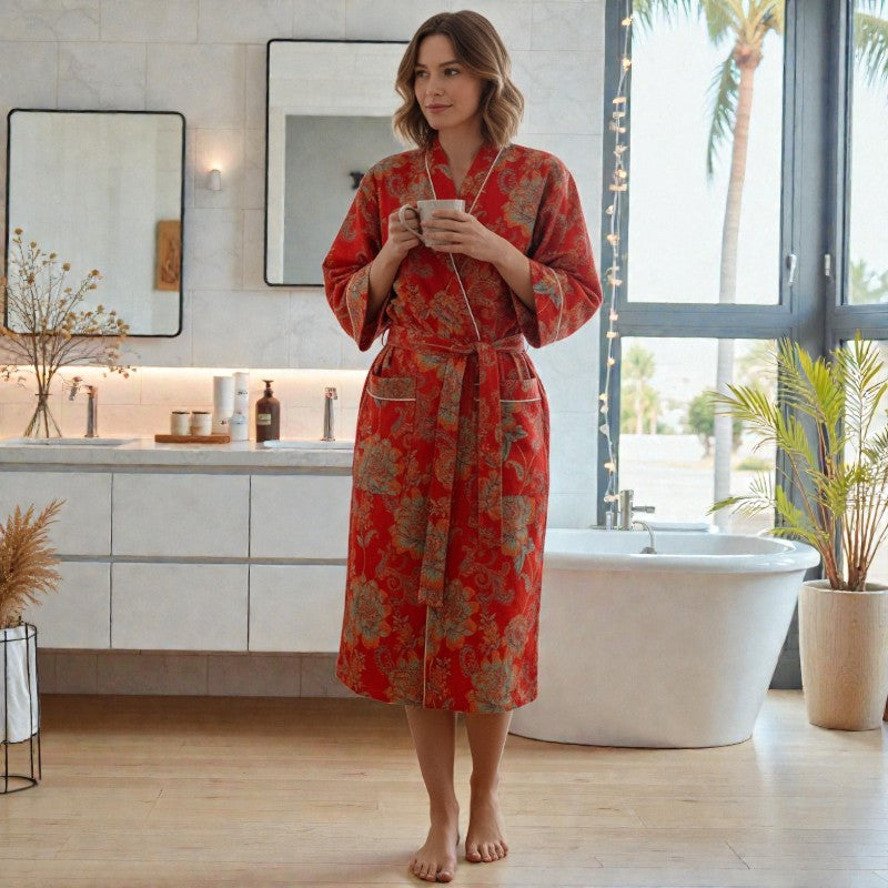 Peignoir femme coton imprimé rouge