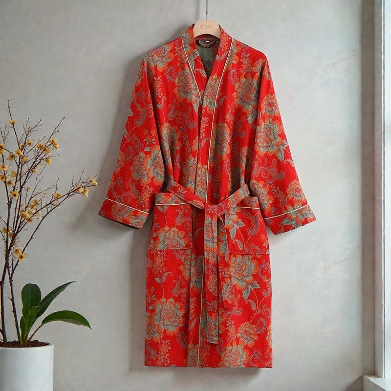 Peignoir femme coton imprimé rouge