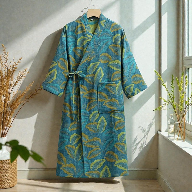 Peignoir femme coton bleu et vert