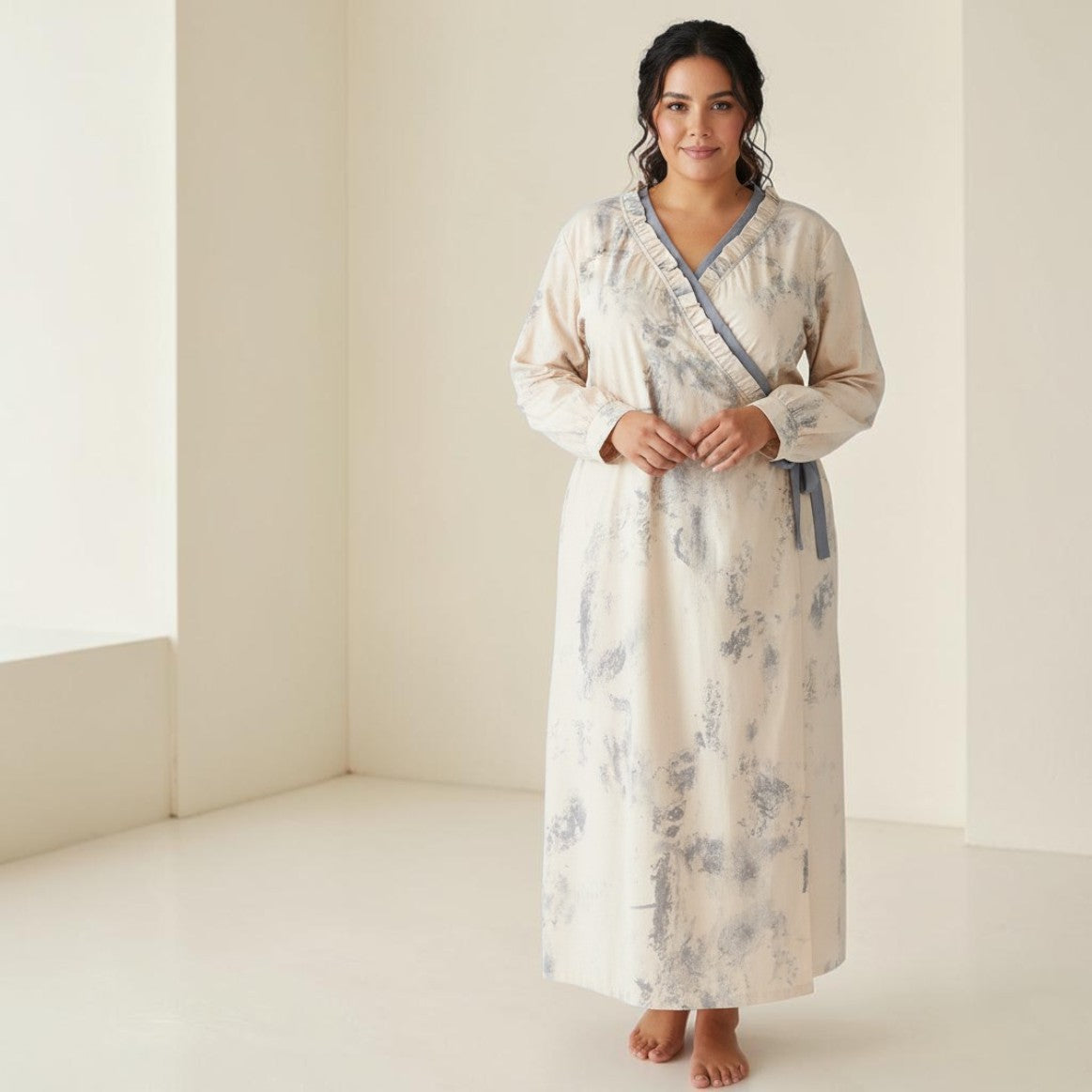 Robe de Chambre Femme | Coton Beige Fleuri