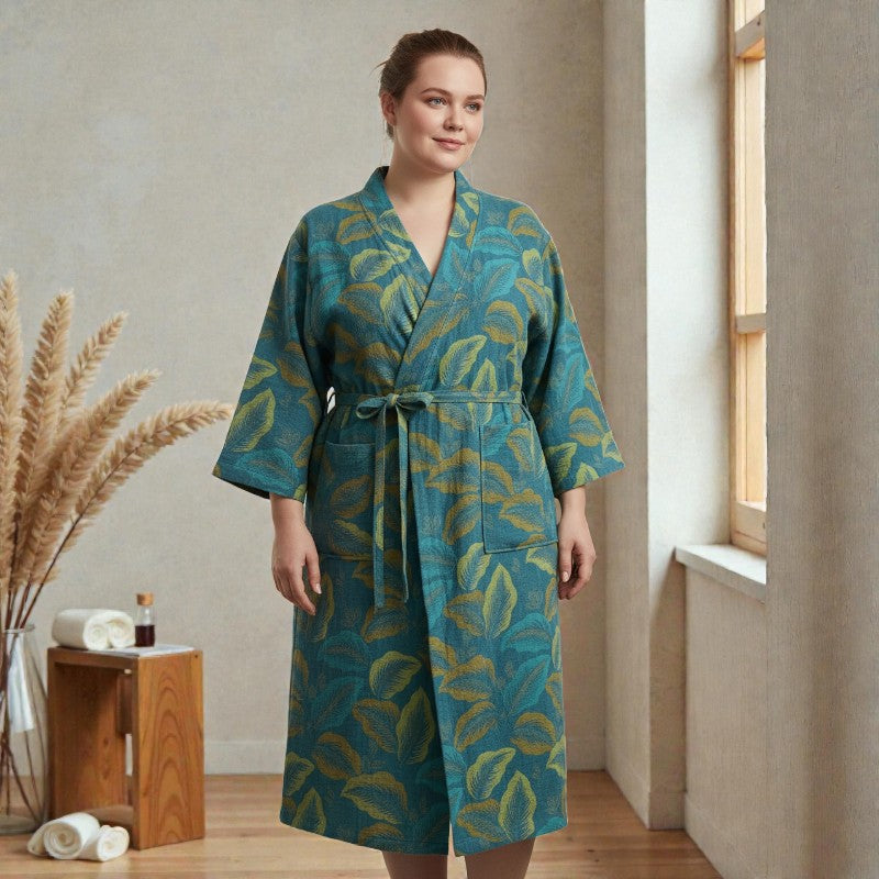 Peignoir femme coton bleu et vert