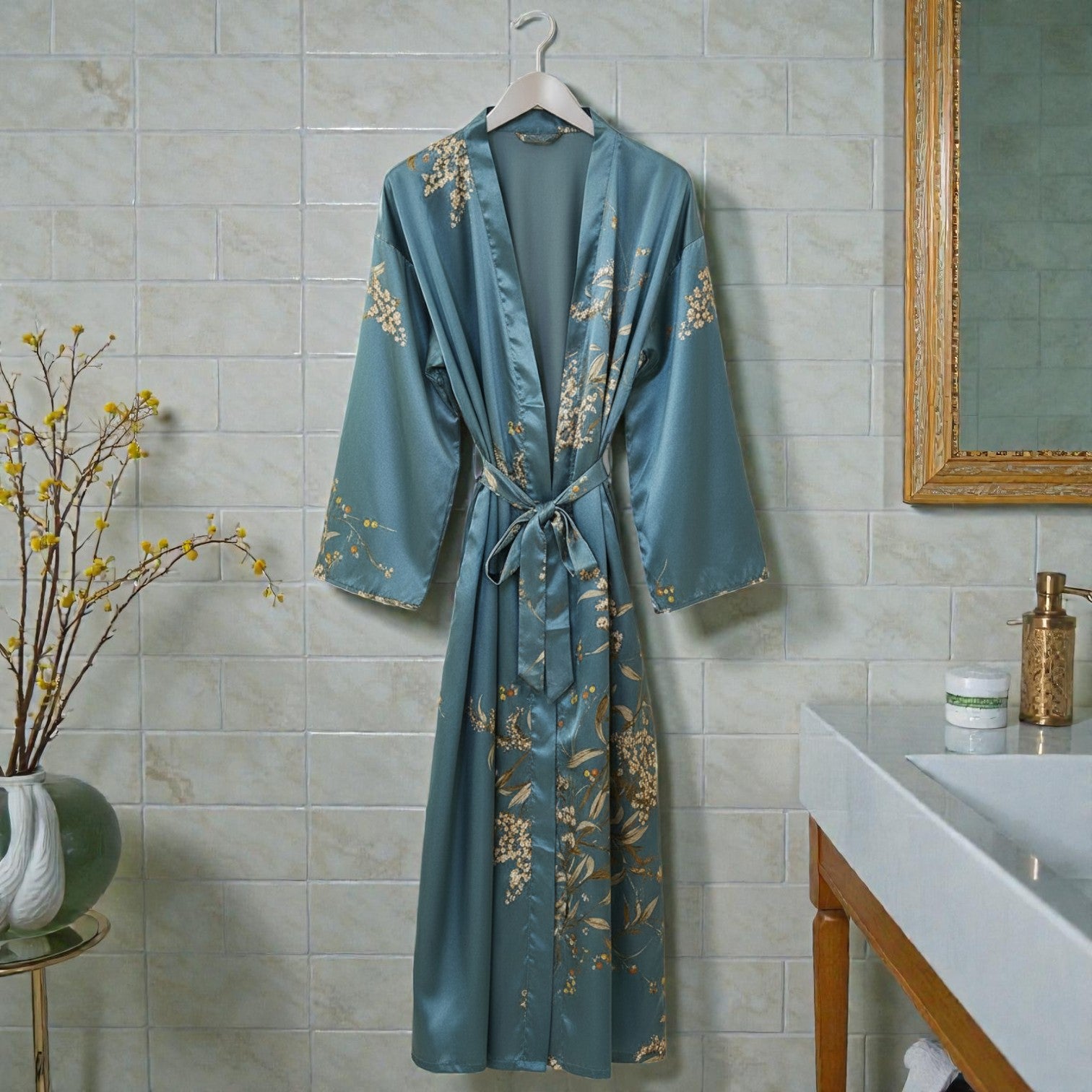 Peignoir femme satin fleuri bleu canard