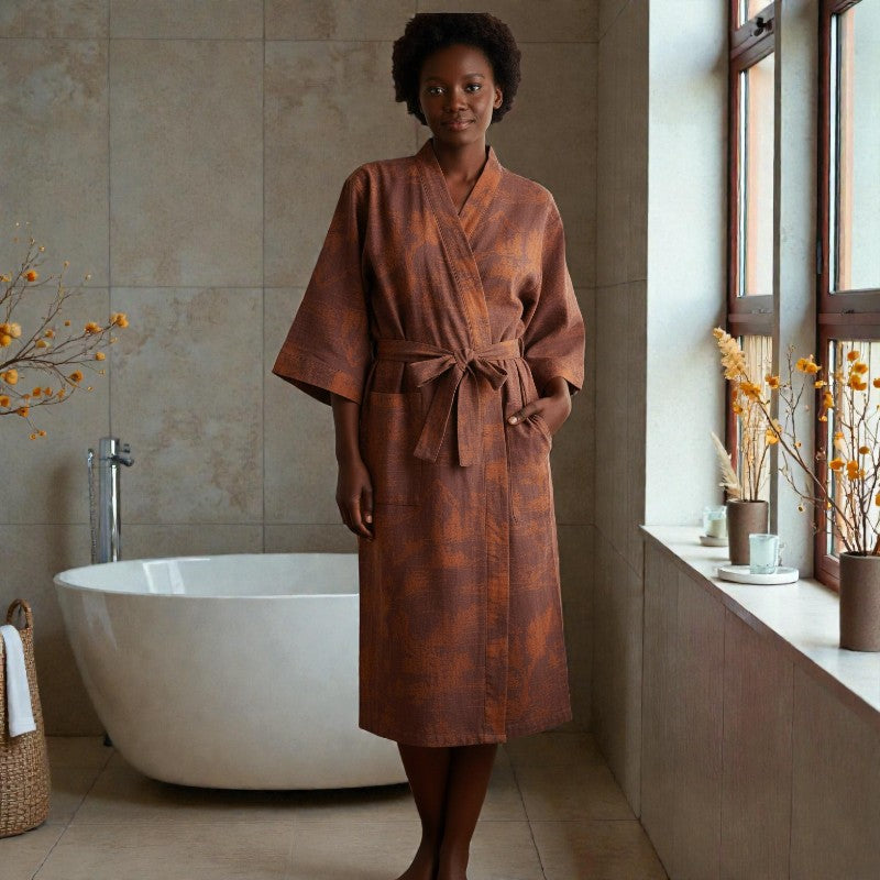 Peignoir femme coton imprimé terracotta