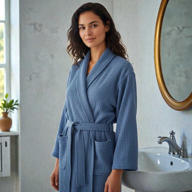 Peignoir femme nid d'abeille bleu ardoise