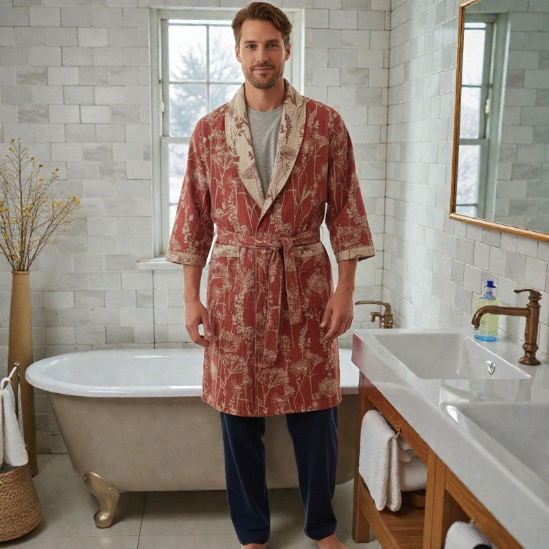 Peignoir homme coton imprimé rouge terracotta