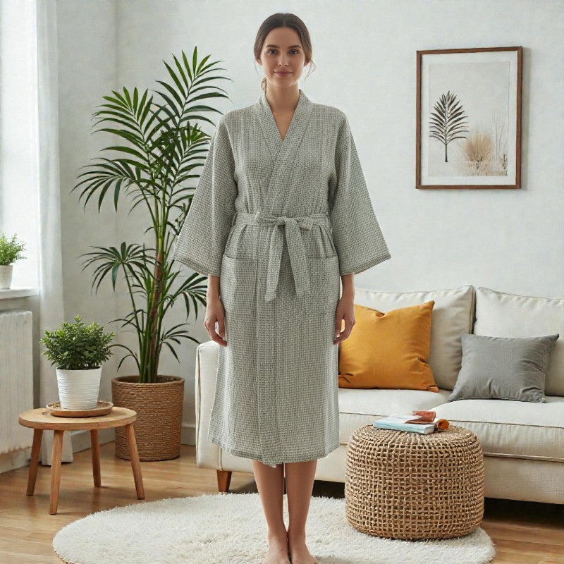 Peignoir femme coton à carreaux vert