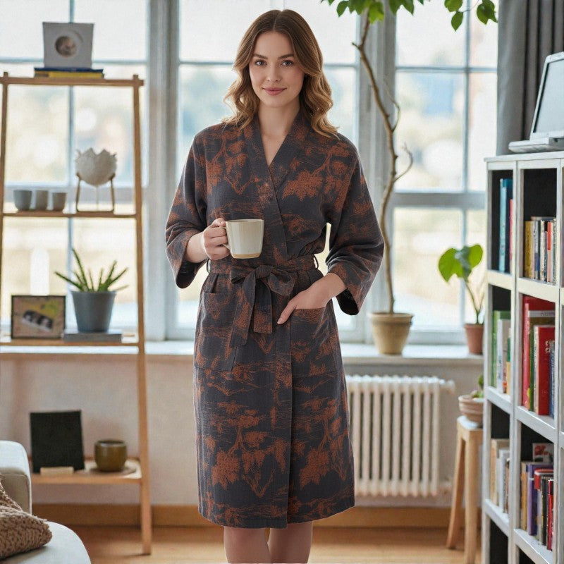 Peignoir femme coton bleu et terracotta