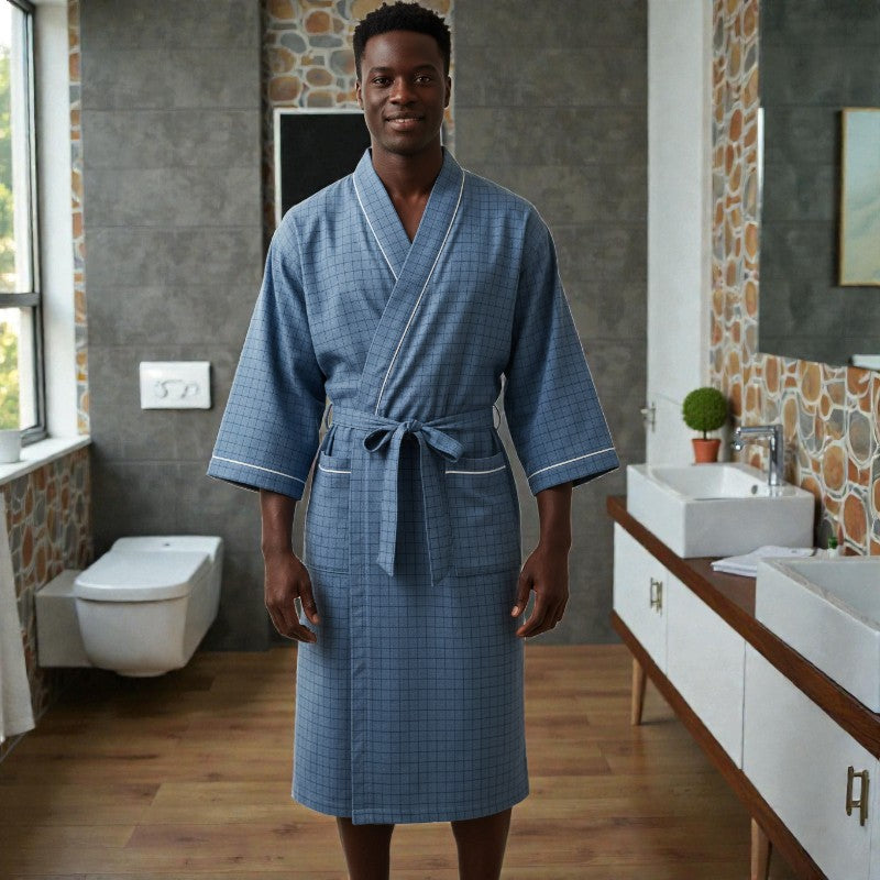Peignoir homme coton carreaux gris bleuté