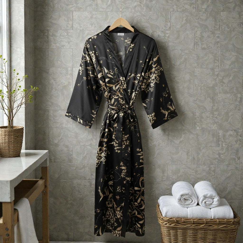 Kimono Femme | Satin Noir Floral