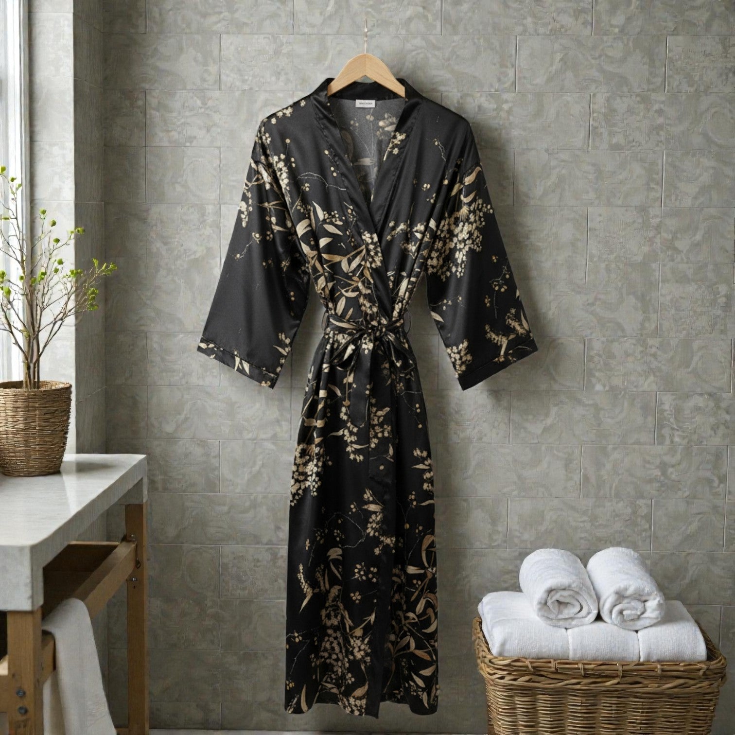 Peignoir femme satin noir floral