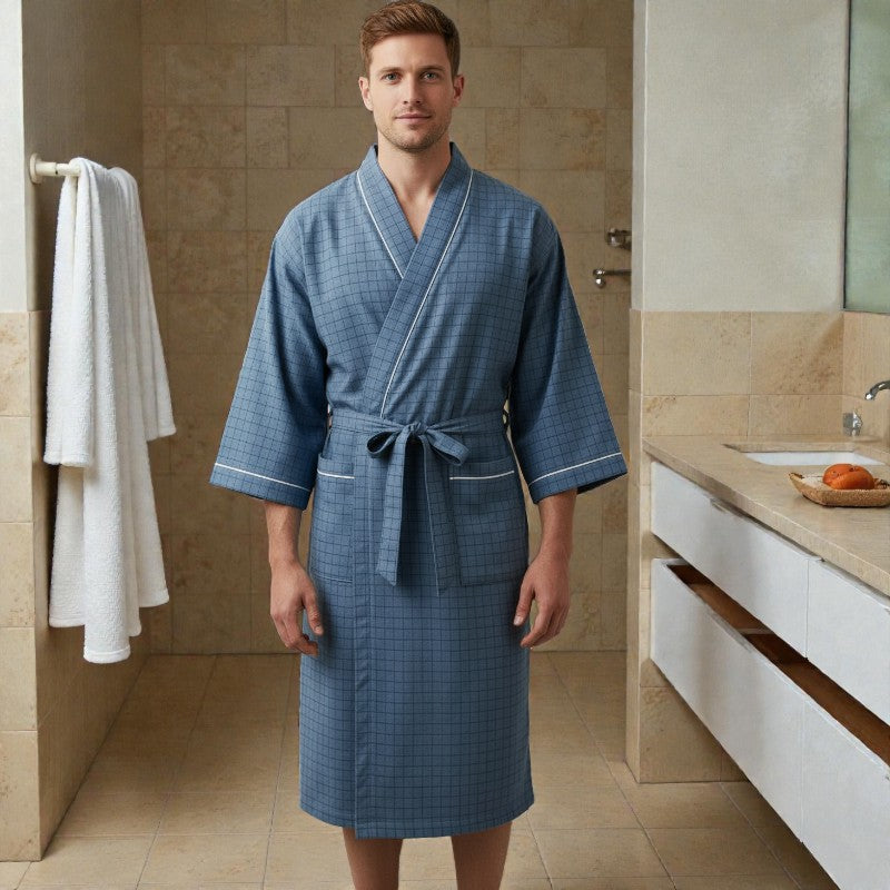 Peignoir homme coton carreaux gris bleuté