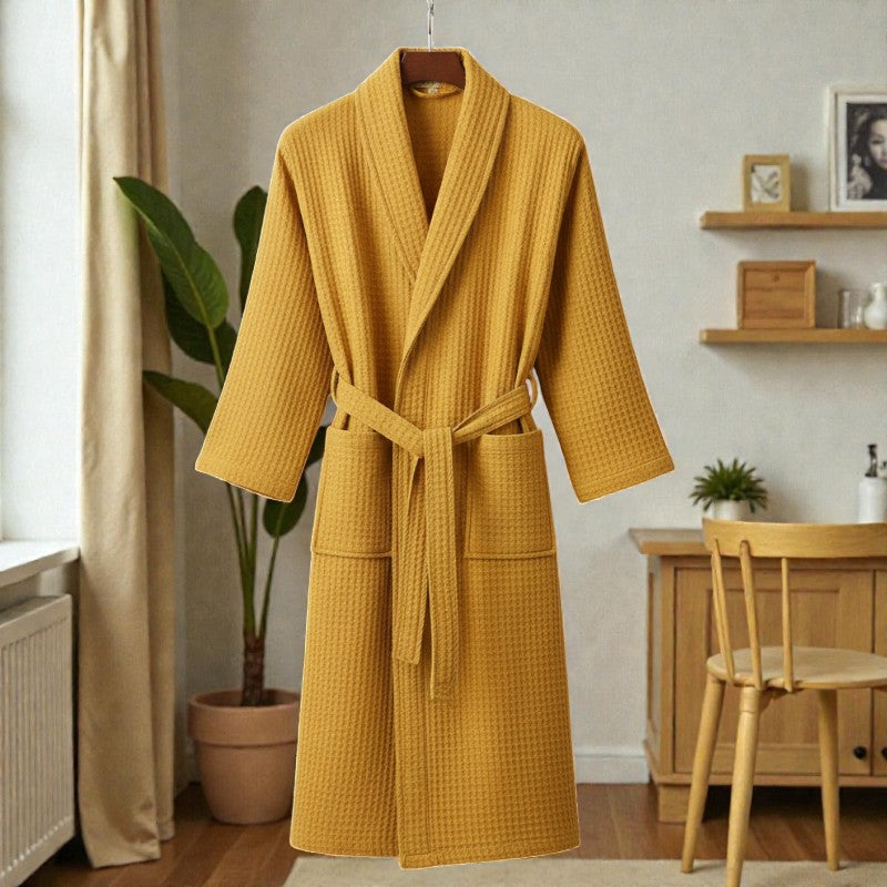 Peignoir femme nid d'abeille jaune moutarde