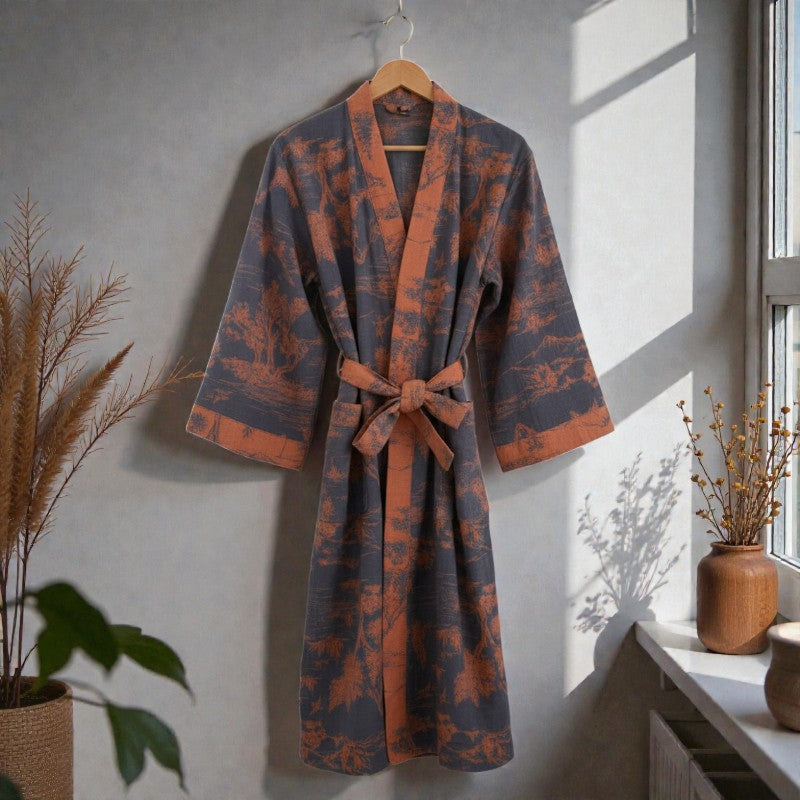 Peignoir femme coton bleu et terracotta