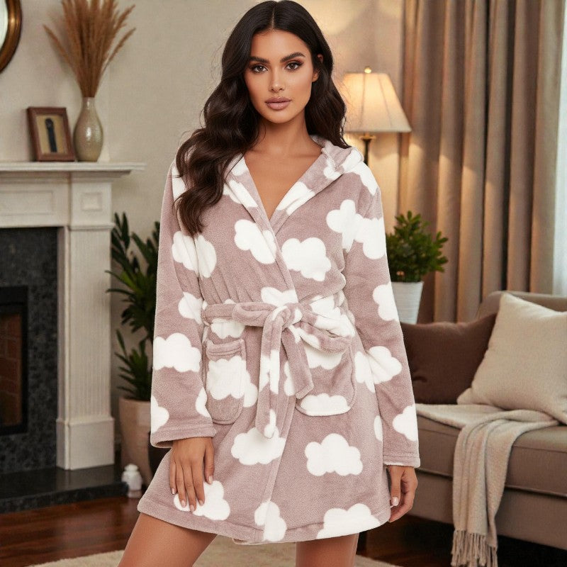 Peignoir polaire femme à capuche motif nuages