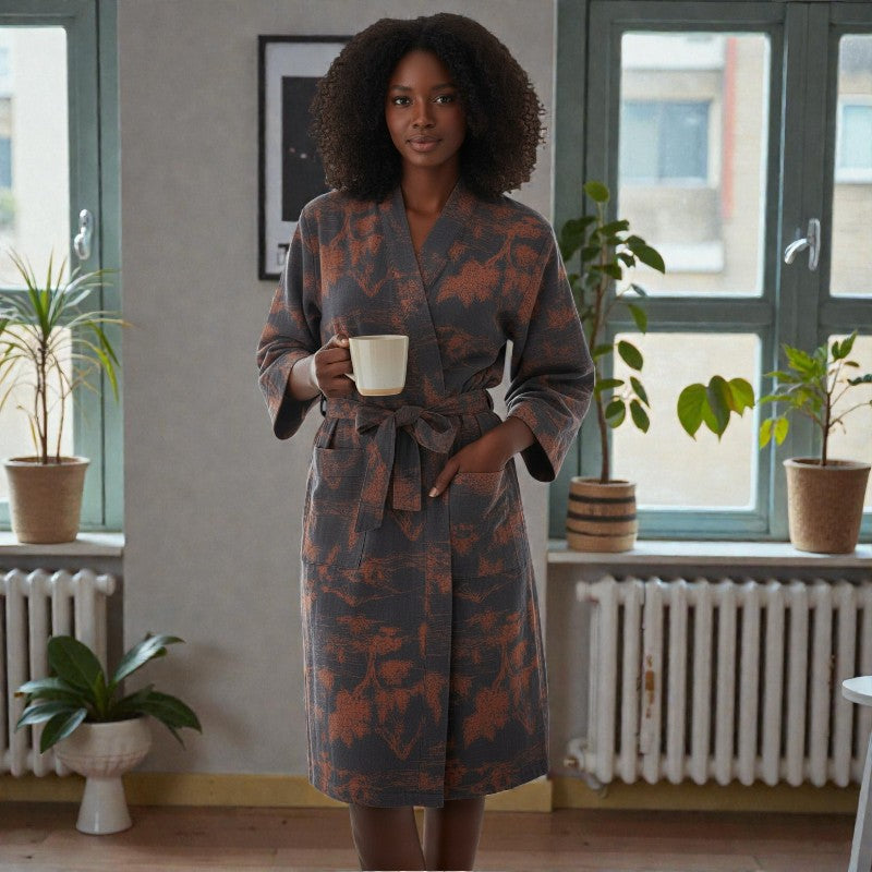 Peignoir femme coton bleu et terracotta
