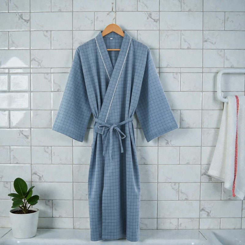 Peignoir homme coton carreaux gris bleuté