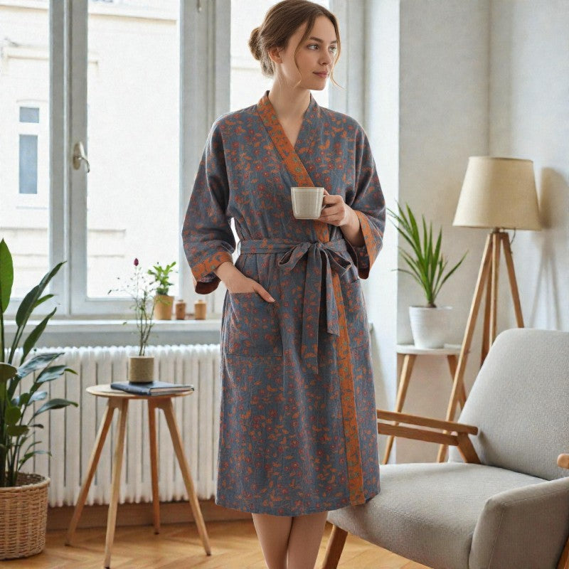 Peignoir femme coton bleu à motifs