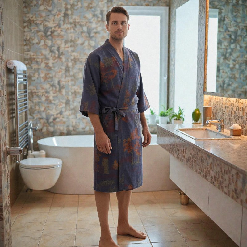Peignoir homme coton imprimé bleu foncé