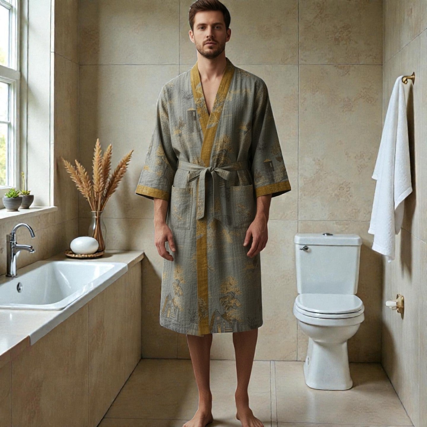 Peignoir homme coton jacquard gris et or