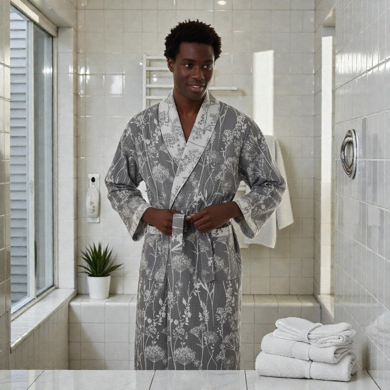 Peignoir homme coton jacquard imprimé gris