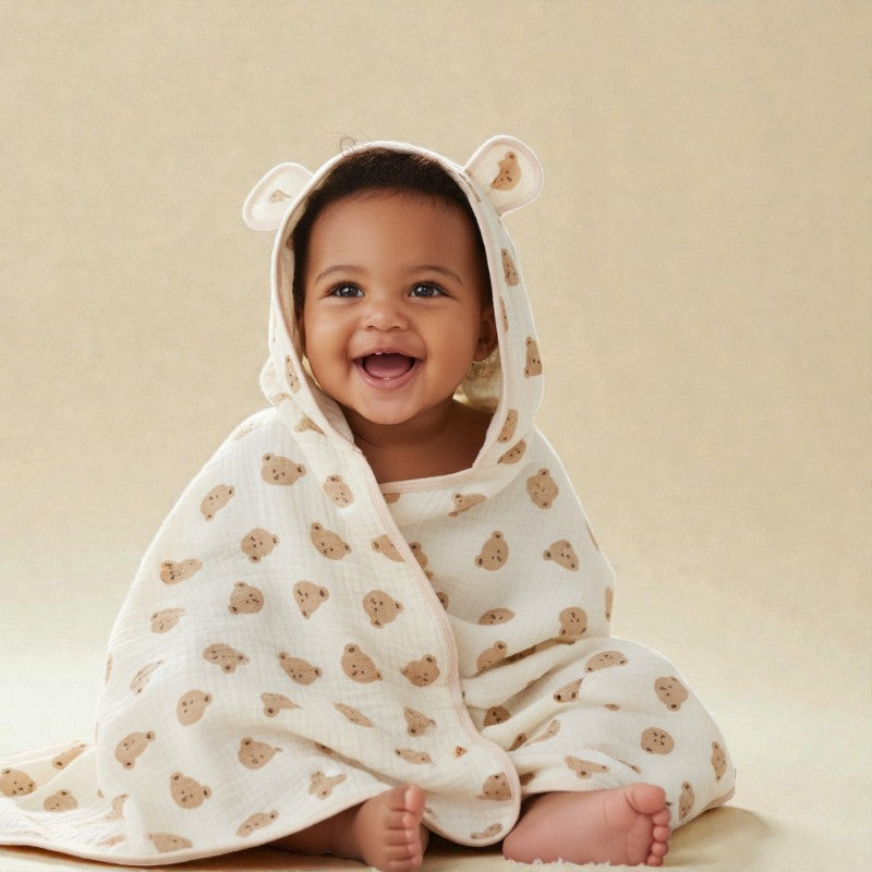 Cape de bain bébé en coton gaze ours