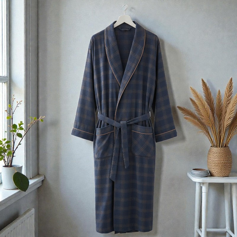 Peignoir homme coton à carreaux bleu gris