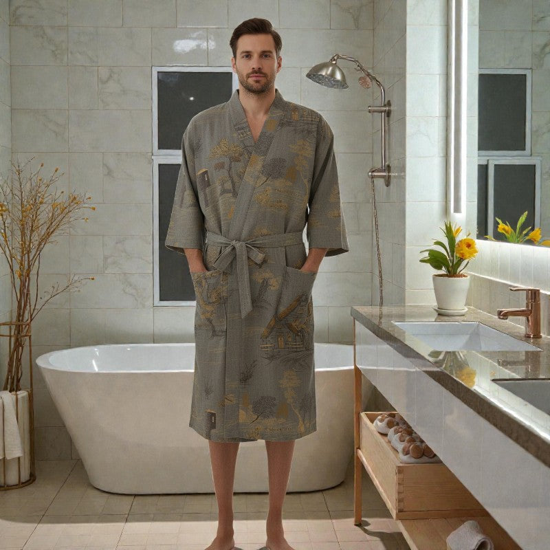 Peignoir homme coton imprimé gris
