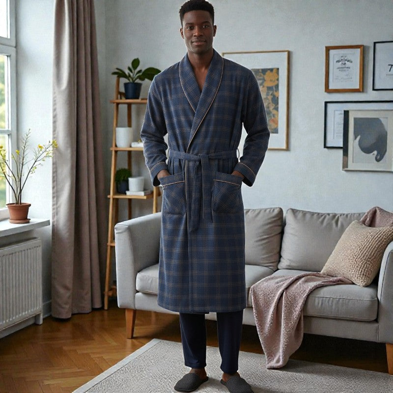 Peignoir homme coton à carreaux bleu gris