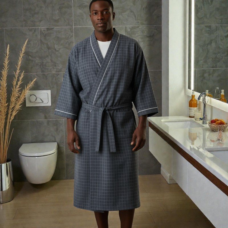 Peignoir homme coton carreaux gris foncé