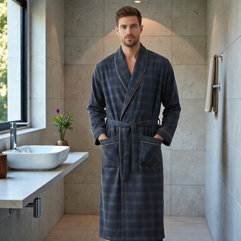 Peignoir homme coton à carreaux bleu gris