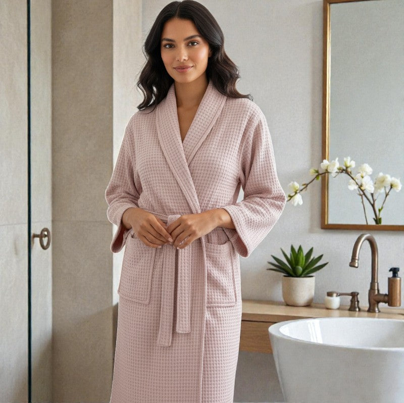 Peignoir femme nid d'abeille rose pastel