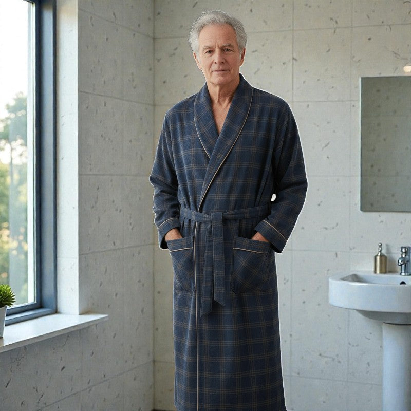 Peignoir homme coton à carreaux bleu gris